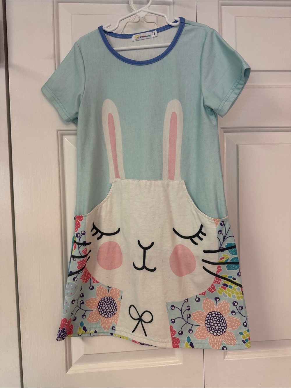 Girls Light Blue Bunny Pocket Casual Dress